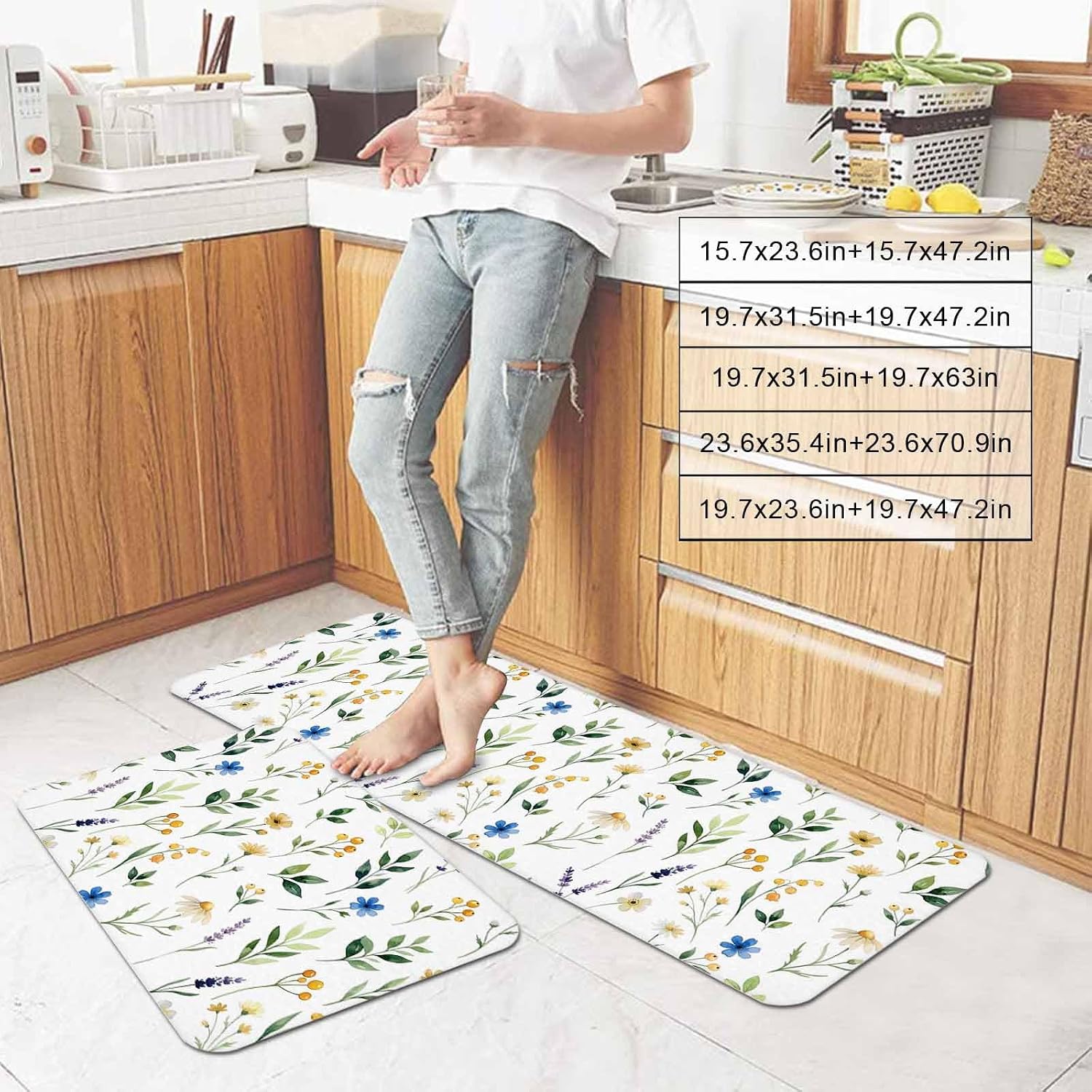 Prime Leader Yellow Purple Floral Kitchen Mat Set 2 Pieces Country Blue Purple Yellow Flowers Non Slip Kitchen Rugs Washable Runner Rug Mats for Sink Laundry (23.6" x 35.4"+23.6" x 70.9")