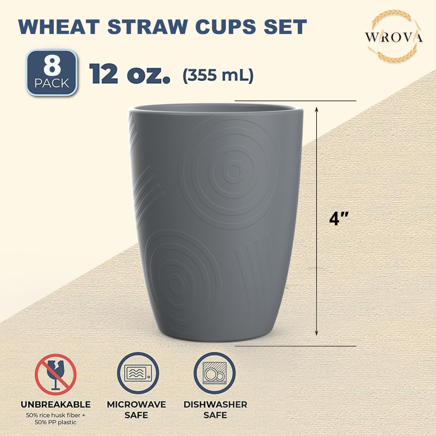 Wrova Wheat Straw Cups 8 PCS Good Alternative to Plastic Reusable Cups 12 oz Unbreakable Drinking Cup Reusable Dishwasher Safe Water Plastic Glasses Grey - Image 2