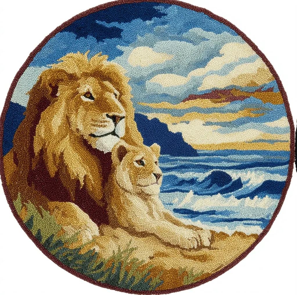 Round Latch Hook Rug Kits Lions For Adults And Starter 50*50Cm