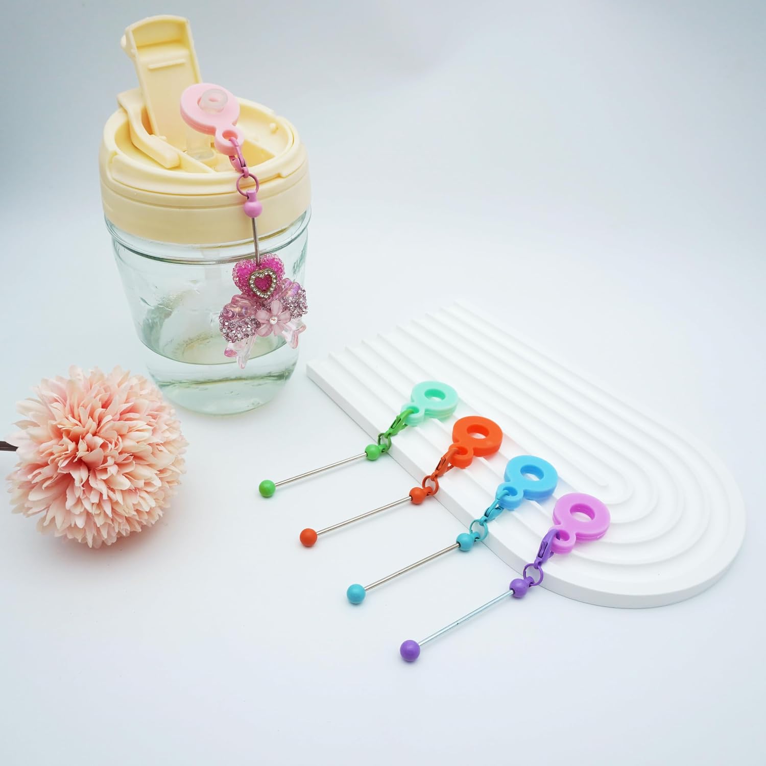 12 Packs Beadable Cup Charm Tumbler Straw Charm Blank Bar DIY Beaded Straw Adapters Pendant Ornament, Fits Standard Straws Jewelry Gift Making Blank