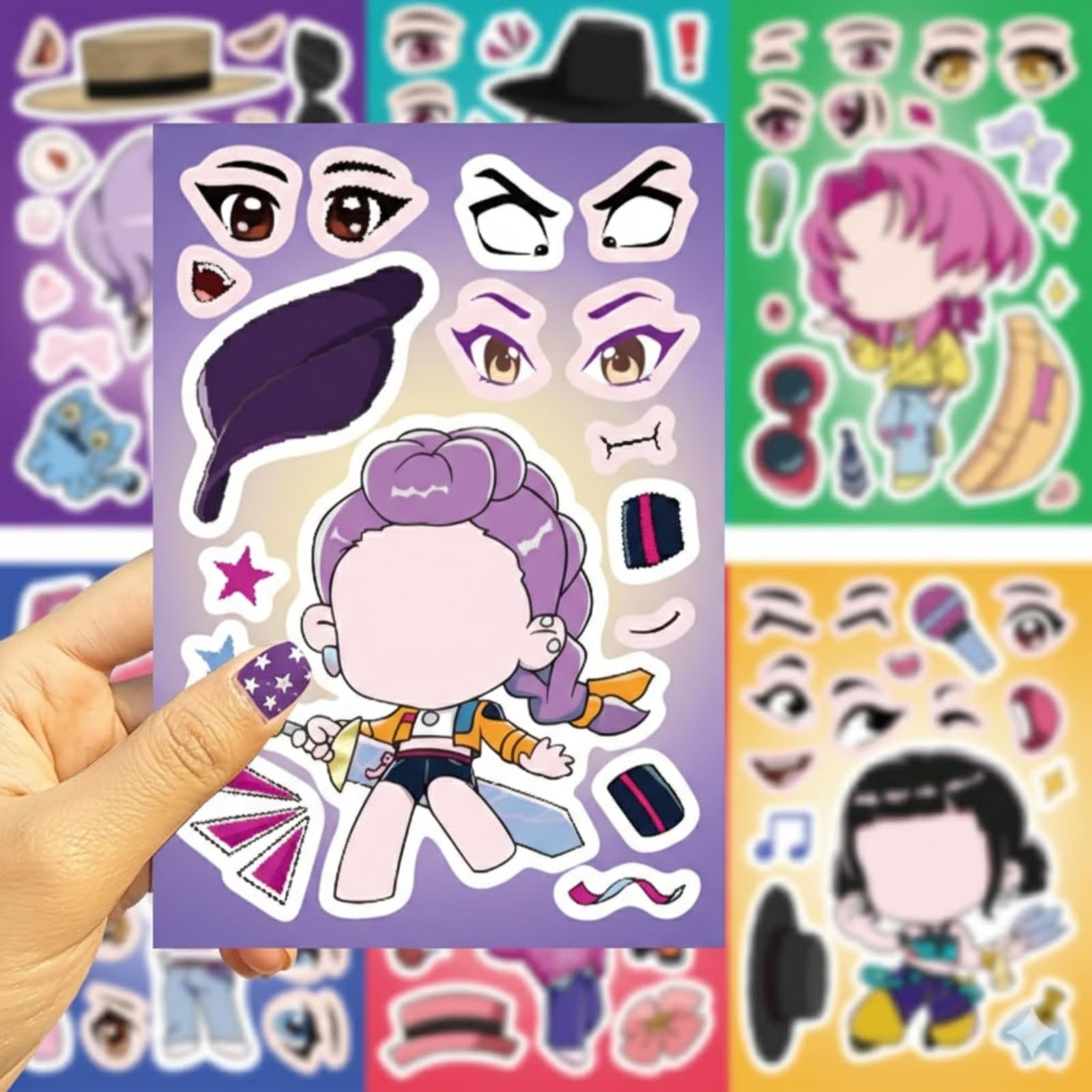 24Pcs Kpop Make a Face Stickers for Kids, 8 Designs DIY Mix and Match Korean Hunters Anime Stickers, Create Your Own Character Vinyl Decals for Birthday Party Favors, Goodie Bag Fillers, Gifts — view 4