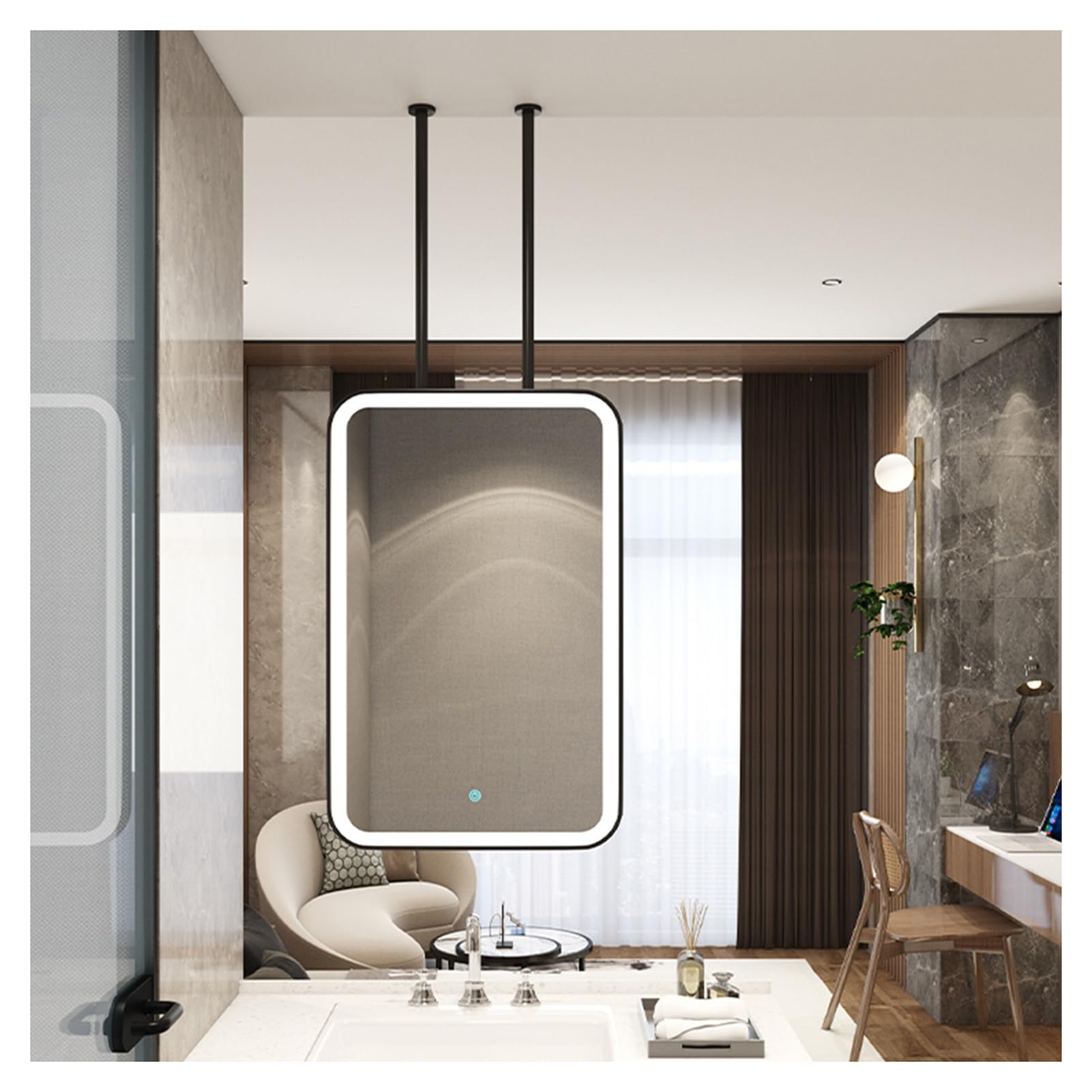CGCSYZ Rectangular Hanging Rod Mirror Metal Frame LED Lighting Bathroom Mirror, Floating Bathroom Square Vanity Mirror, Suitable For Home Or Hotel (Black 60x100cm)