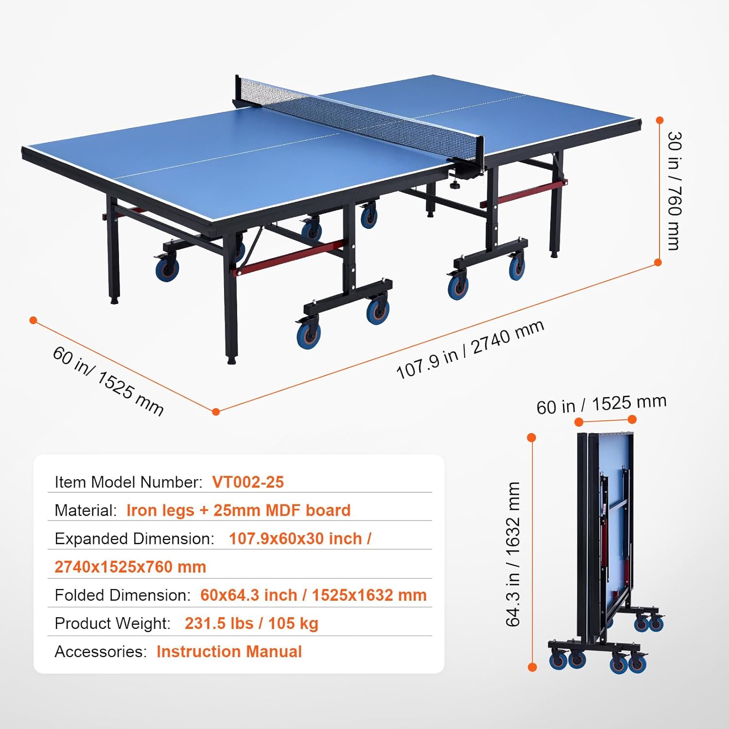 Happybuy Ping Pong Table, Professional Table Tennis Game, Indoor MDF Portable Table Tennis Table, Foldable Ping Pong Table with Quick Clamp Net, 10 Minute Easy Assembly, 25mm Tabletops