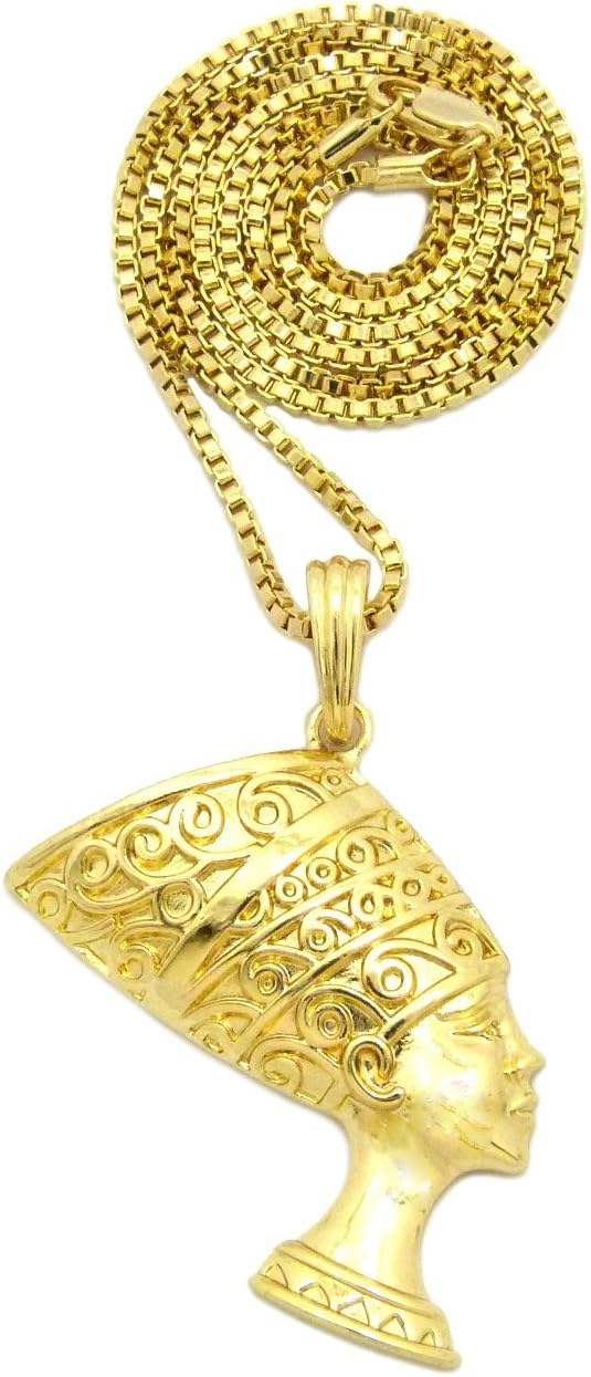 Fashion 21 Egyptian Queen Nefertiti Pendant 2mm 24 inches Box Chain Necklace in Gold Black Tone