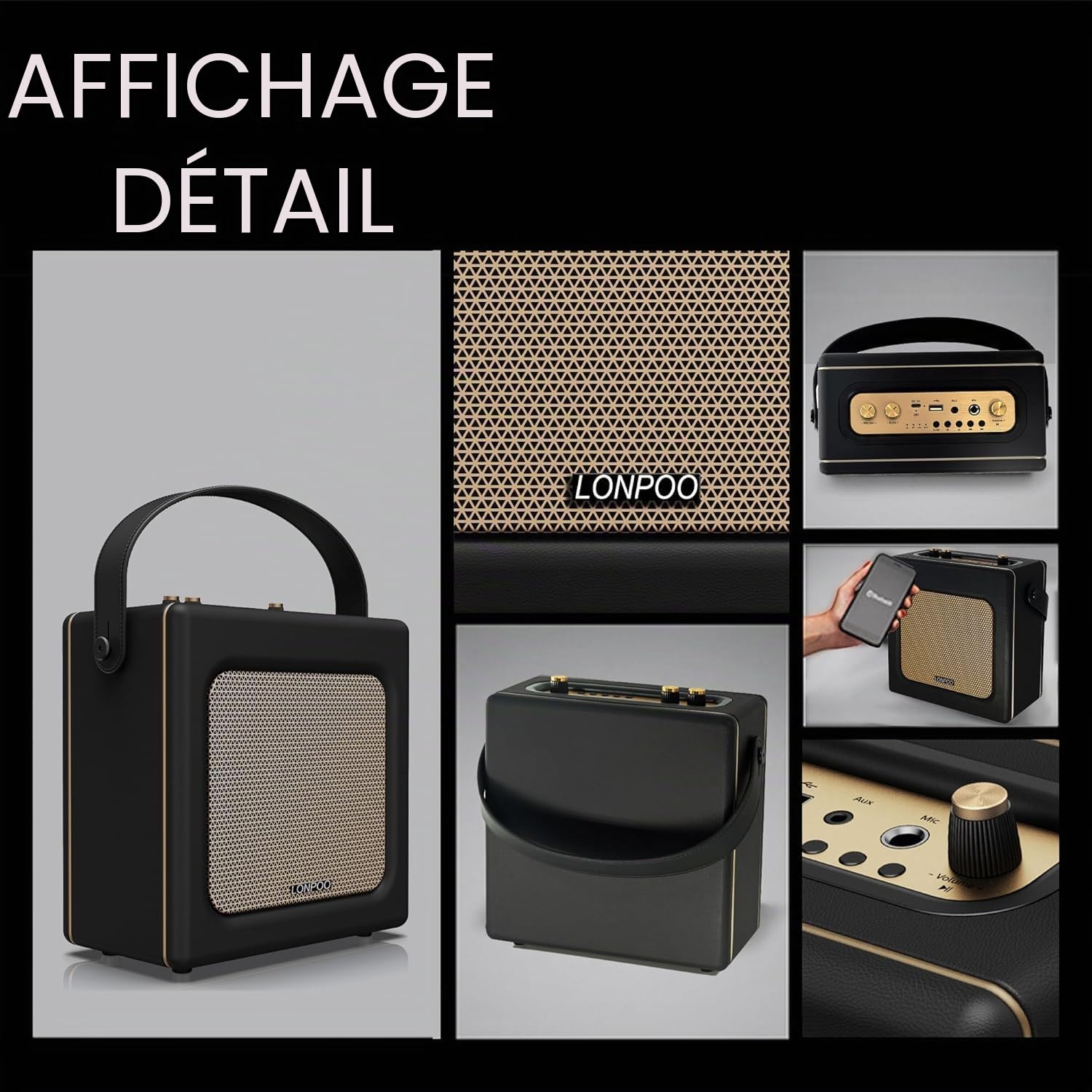 LONPOO Enceinte Bluetooth rétro Aspect Cuir avec Batterie, 20 W, Lecteur USB, entrée auxiliaire, Prise Microphone 6,5 mm, Charge de Type C, Micro Chaîne HiFi stéréo
