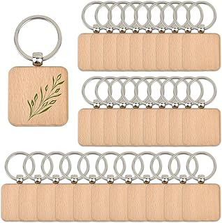 OTYMIOW 30PCS Wooden Keychain Blanks Unfinished Wood Keychain Blanks Key Ring Key Tag Wood Engraving Blank Wooden Keychains Wood Blanks Key Chain Bulk for DIY Crafts Gift Accessories (Square)
