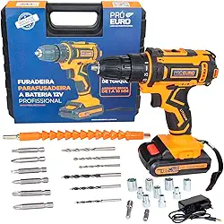 Parafusadeira e Furadeira Com Bateria 12V Sem Fio Bivolt Acompanha Carregador, Maleta e Kit de Brocas - Pró Euro