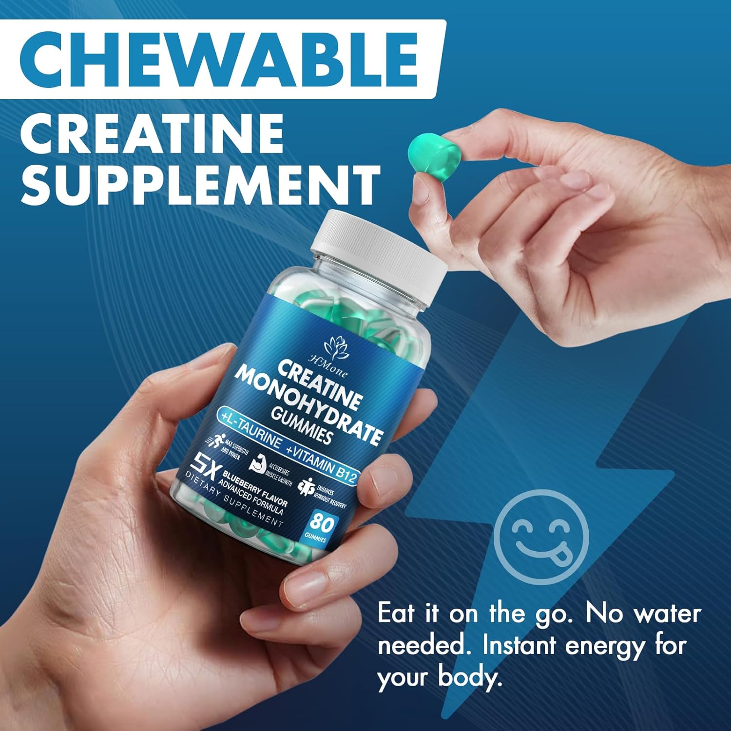 Creatine Monohydrate Gummies - 5g for Men & Women, 160 Count and Creatine Chewable Supplements for Muscle Gain, Muscle Strength, Energy Boost, and Muscle Builder, Sugar Free, Vegan (Blueberry) - Image 3