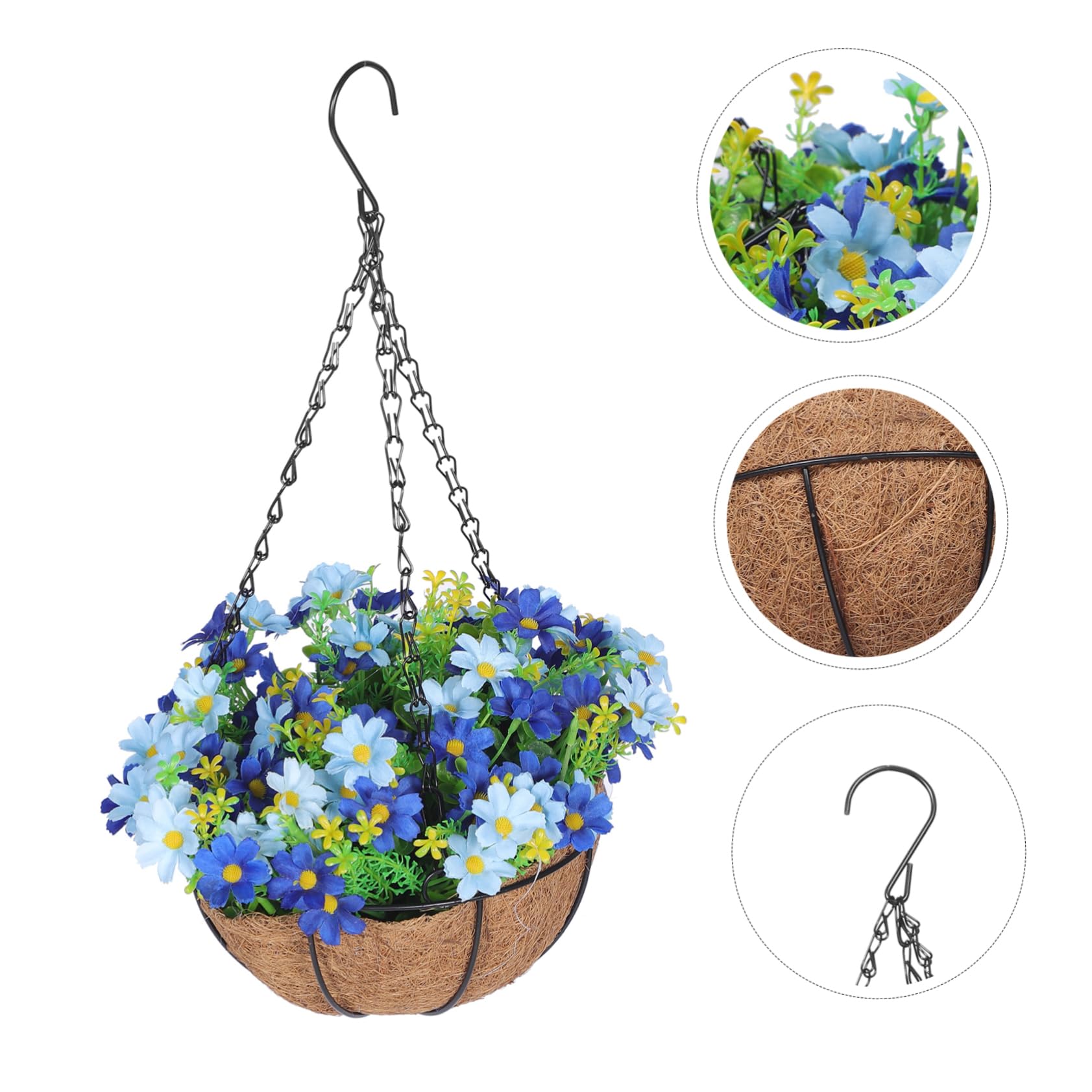 Hängender Kunstblumenkorb mit Schleife, Eisen, Kunststoff, Kokosfaser
