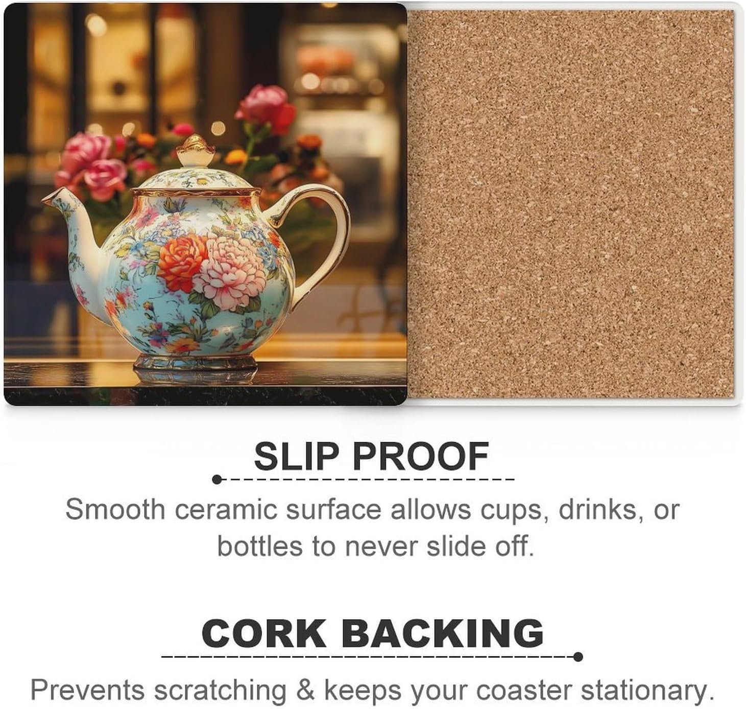 Rose Flower Tea Pot Ceramic Coasters Set Square Drink Coasters Table Coaster for Kitchen Desktop Decor