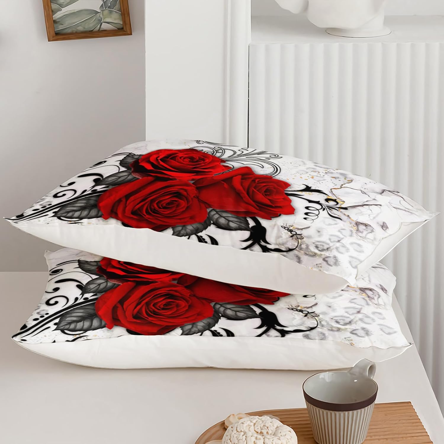 AILONEN 3D Red Rose Duvet Cover Set Queen Size,Gray and White Marble Print Bedding Set 3Pcs for Men Women,Romantic Floral Marbling Comforter Cover with 2 Pillowcases