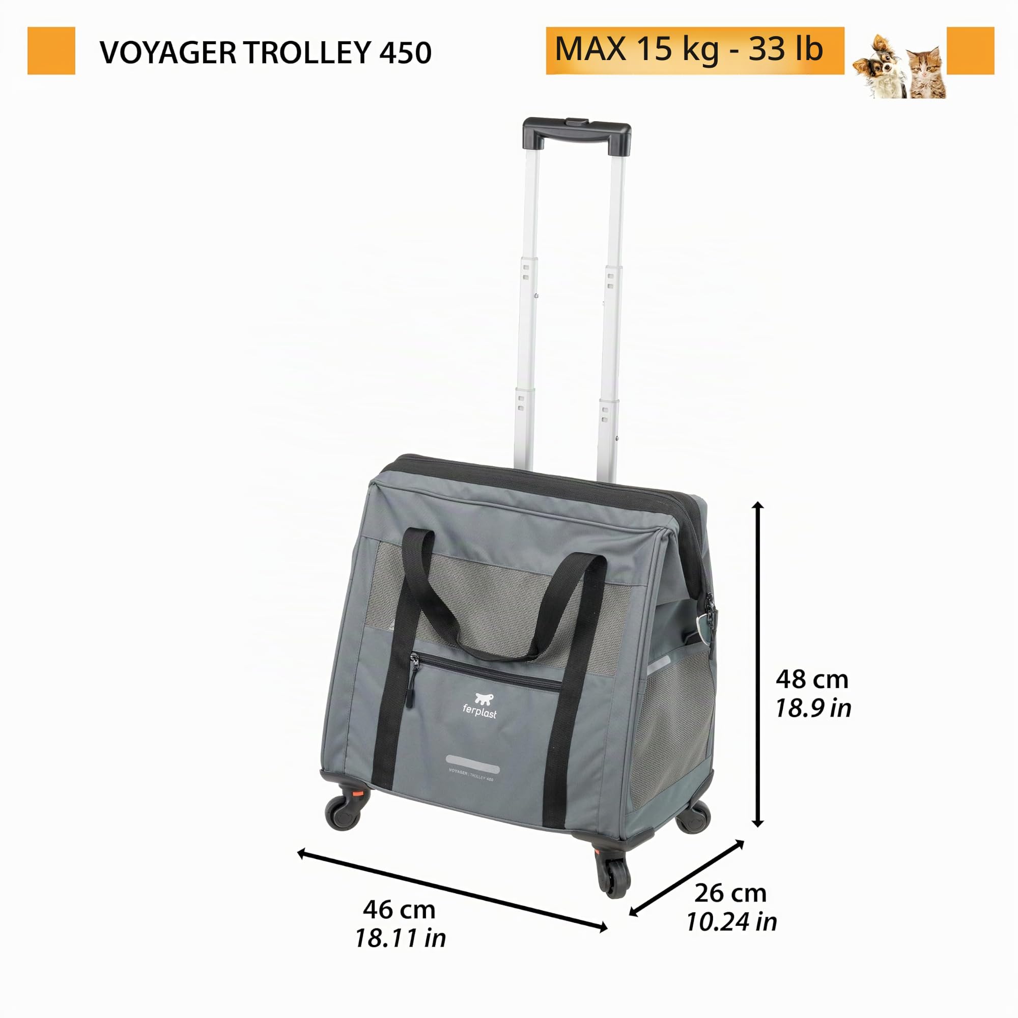 Ferplast Sac de Transport pour Chat Voyager Trolley, Sac Transport Chien, Poignée Extensible, Sangles Réglables, Large Ouverture, Roues Amovibles, Max 15 kg, 46 x 26 x 48H cm, Gris