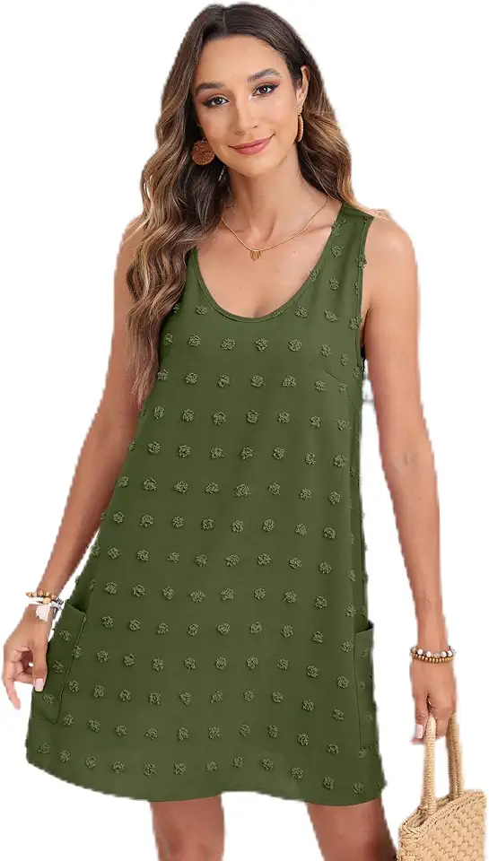 Vestidos de verão casuais femininos vestidos de praia com bolinhas suíças, decote em V, vestido regata com bolsos