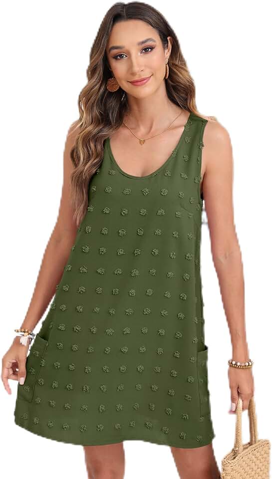 Vestidos de verão casuais femininos vestidos de praia com bolinhas suíças, decote em V, vestido regata com bolsos