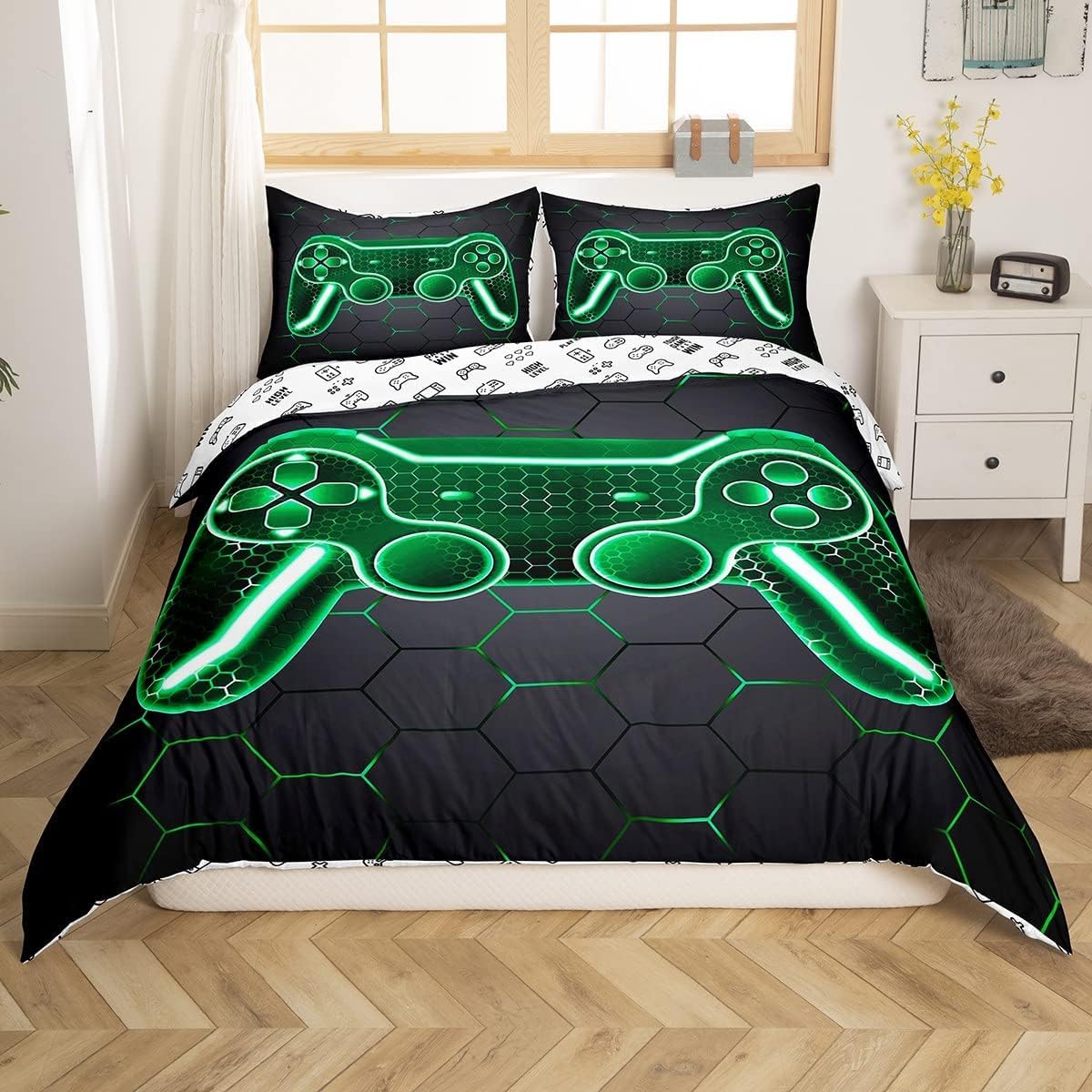 Loussiesd Gamer Bettwäsche Teenager 135x200cm Gaming Bettwäsche Grün Schwarz Gamepad Bettwäsche Jungen Geometrische Waben Bettwäsche Modern Spiel Controller Bettwäsche Set mit 1 Kissenbezug