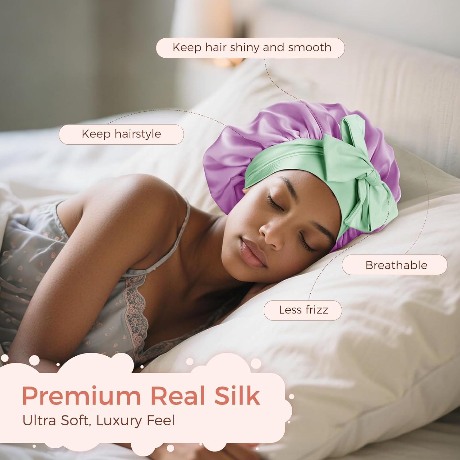 Double-Layer Mulberry Silk Bonnet for Sleeping Women 22 Momme 6A with Adjustable Ties, 13 Inch Anti-Frizz Sleep Hair Bonnet for Hair Protection, Includes Silk Scrunchie, Purple - Image 4