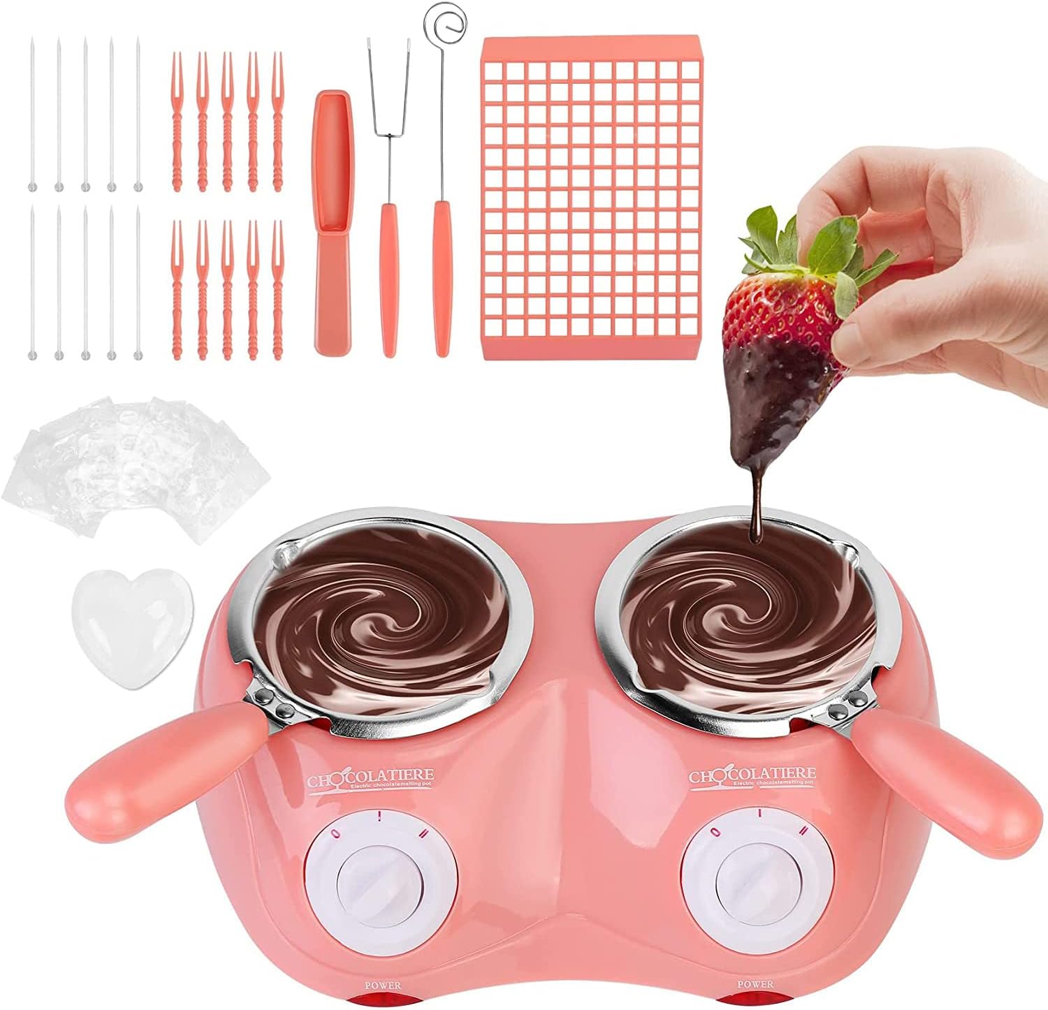 Angju Chocolate Melting Pot Electric Chocolate Melting Fondue Set, Double-pot Chocolate Fondue Fountain for Melts Chocolate, Cheese, Candy and Butter, 24W Chocolate Melting Machine for Party DIY