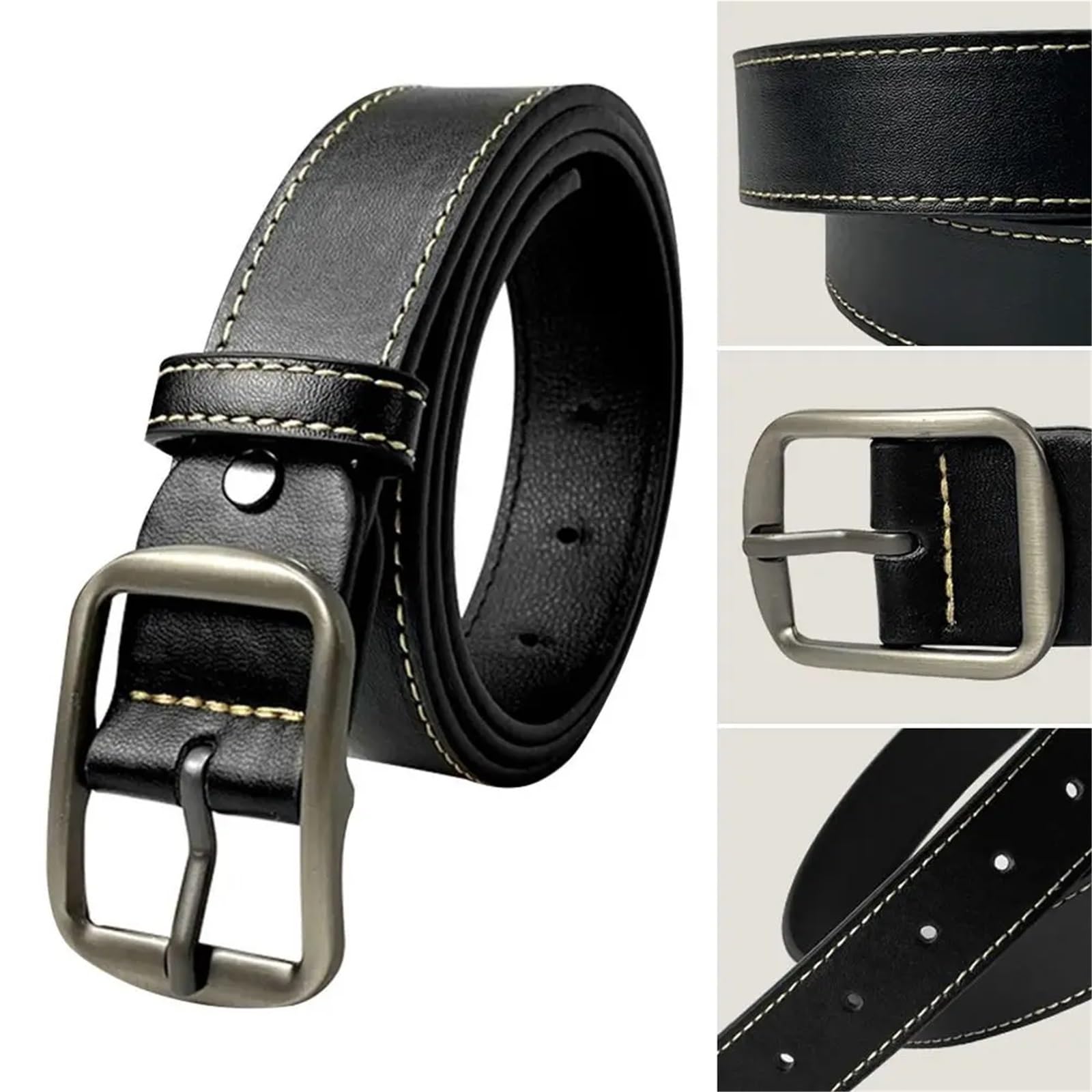 Ceinture Homme 2 pièces Ceinture en Cuir for Hommes Boucle ardillon Jean Ceinture Noire Dames Sangle Vintage Ceinture pour Jeans(120cm)