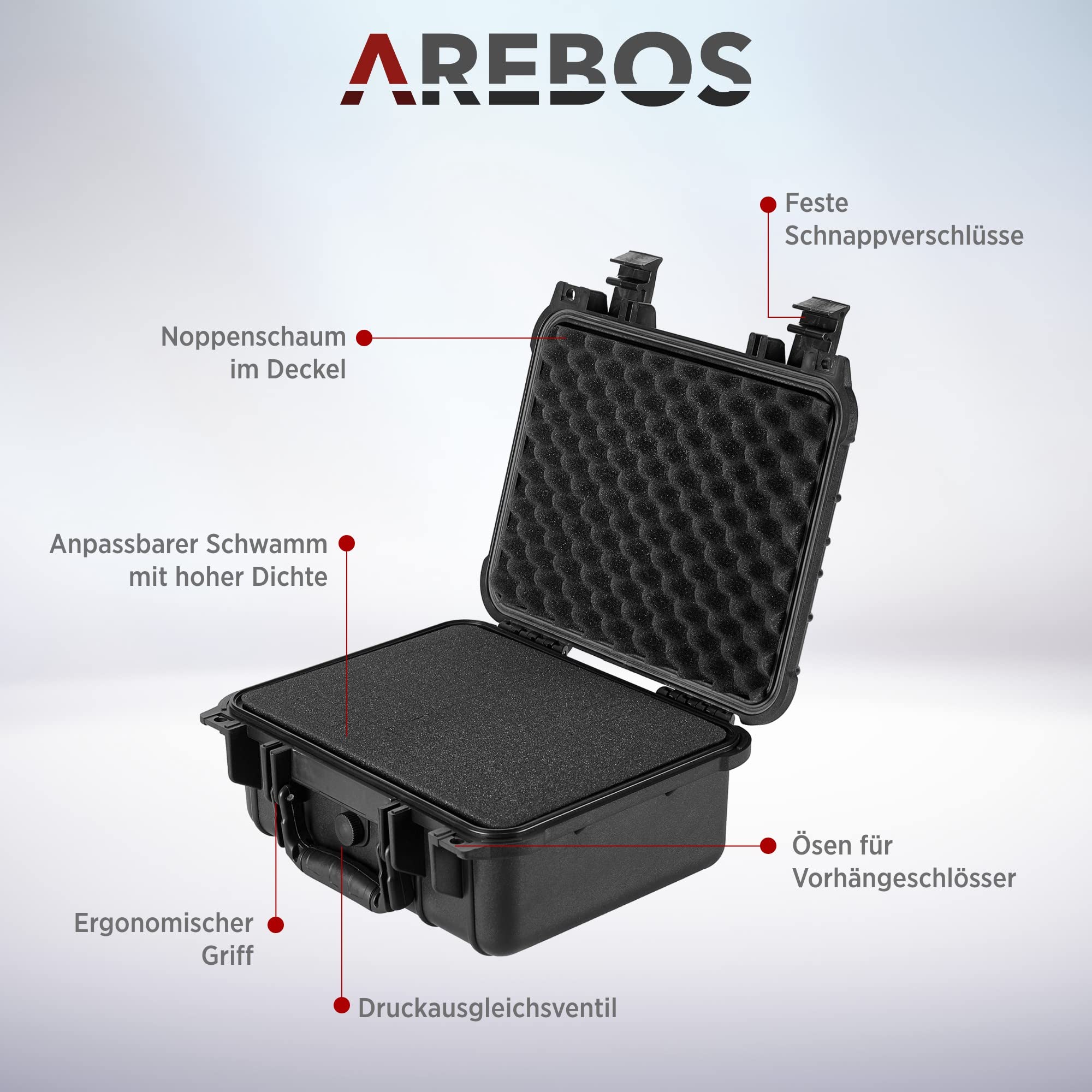 Arebos Maletín rígido para cámara de 15 L/Universal Adaptable, Funda Universal con Inserto para Lentes de cámara y Accesorios/maletín de Armas/inastillable, Resistente al Polvo, Resistente a la