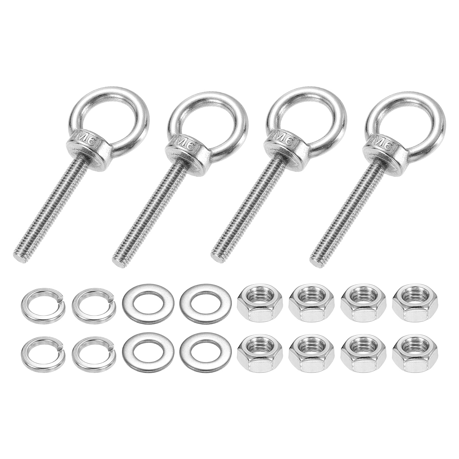 PATIKIL M6 x 40mm Eye Bolt, 4Pcs 304 Stainless Steel Thread Lifting Ring Set Shoulder Eyebolt with Lock Nuts Flat Washers for Hanging Hammocks Articles, Silver