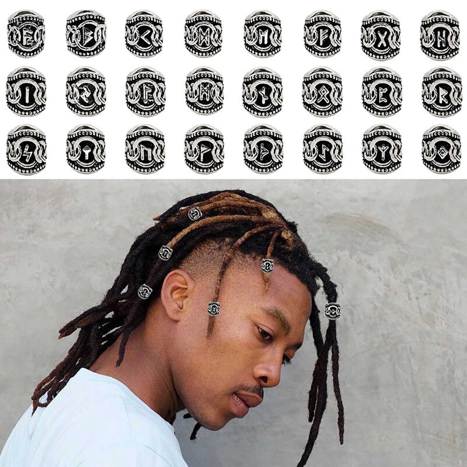 Perlas para barba vikingas, 24 unidades, 9 × 10 mm, perlas de runas vikingas, perlas vikingas, perlas para barba, vikingas para trenzas, collar, colgante de joyería (plata)