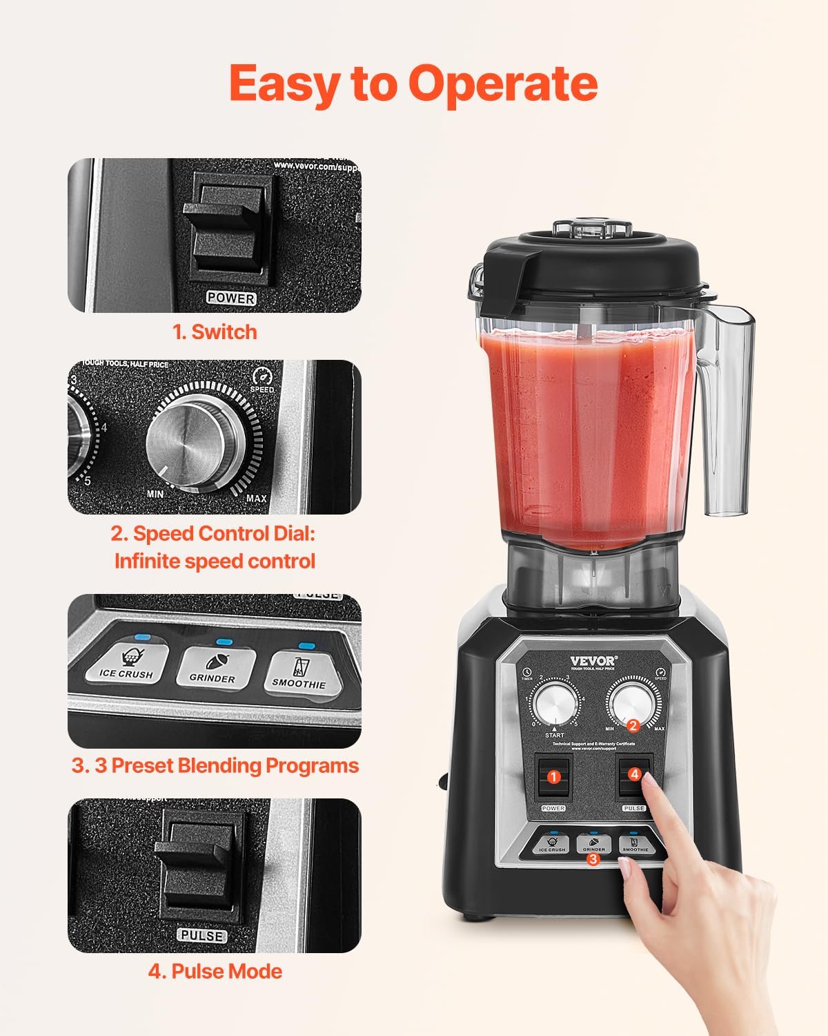 VEVOR Blender for Smoothies, 68 oz 1400W, Professional Blender with Powerful Motor, Multi-Functional Food Processing Blenders with Grinder Container for Smoothie/Milkshake/Juice, Fits for Kitchen