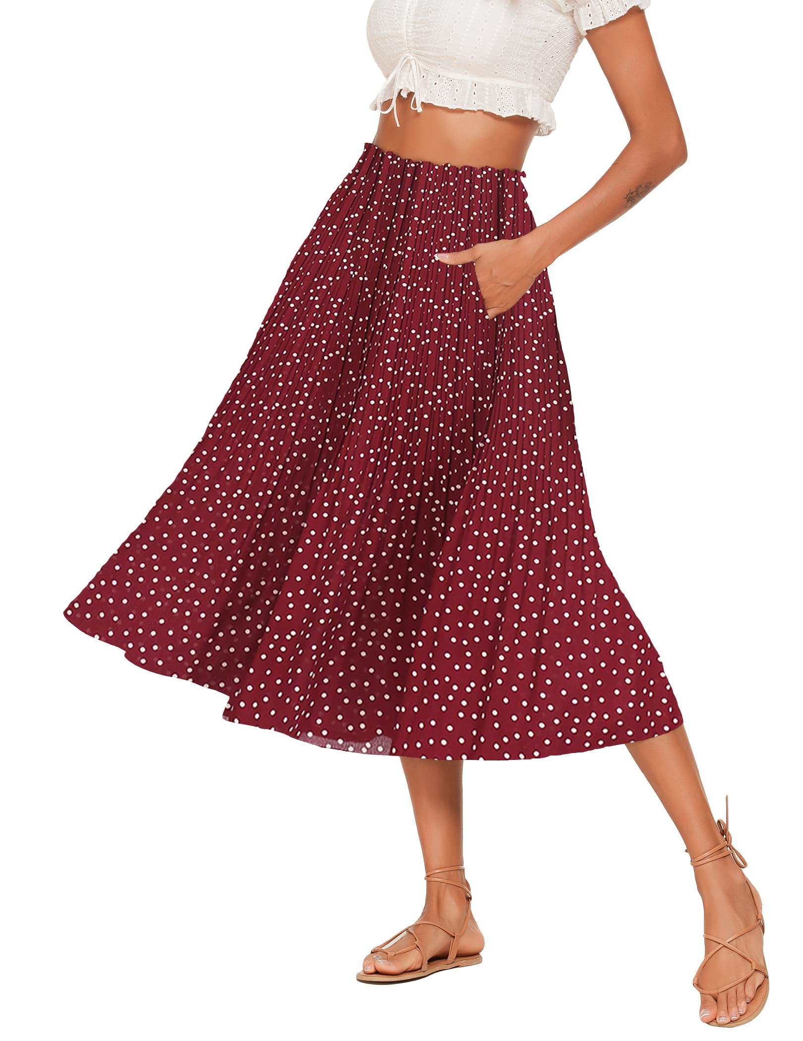 Parabler Rock Damen Chiffon Midirock Elegant Blumen Polka Dot Elastische Taille Sommerrock Lang Plisseerock mit Taschen