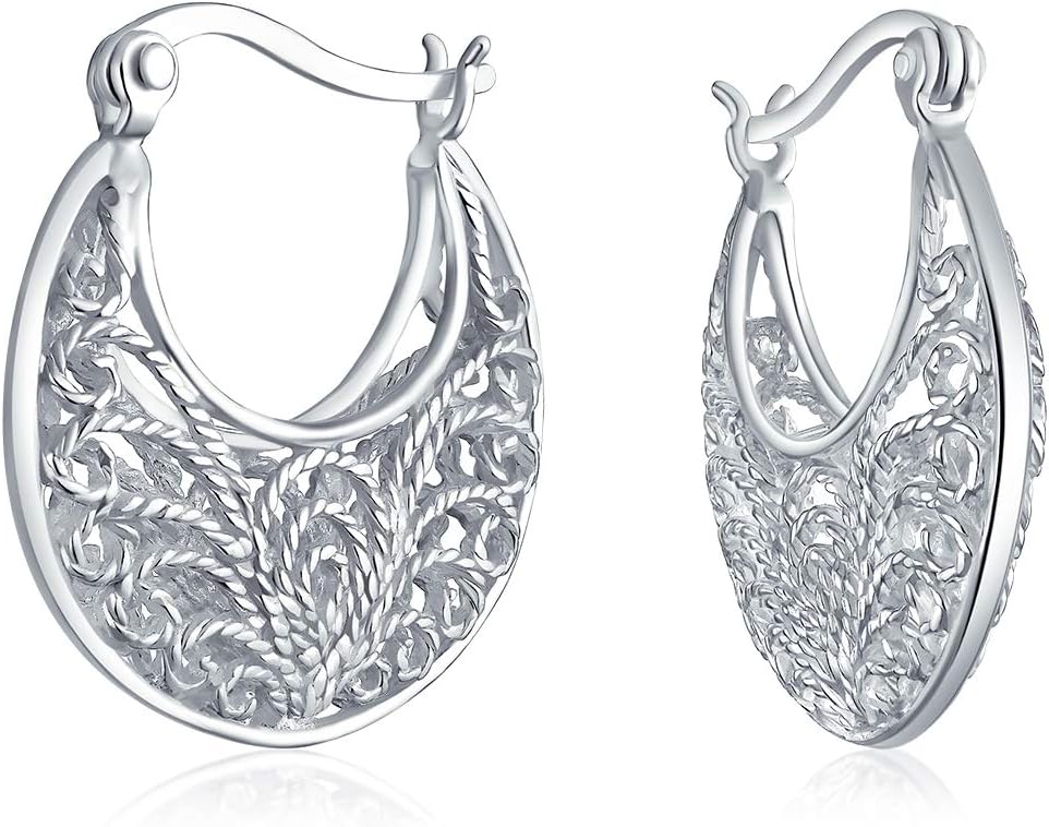 Boho Western Tribal Style .925 Sterling Silver Hoop Earrings for Women with Onyx Turquoise Lapis Lazuli Gemstones Caviar Bead Milgrain Oxidized Half Crescent Design