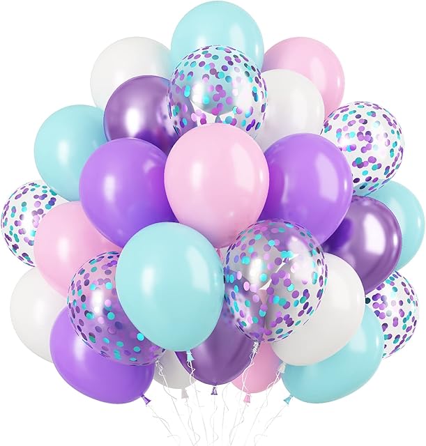 Pink Purple Blue Balloons, 60Pcs Blue Purple Balloons Mermaid Party Decorations, Metallic Purple and Blue Pink Balloons, Mermaid Balloons for Girls Baby Shower Birthday Mermaid Theme Party Supplies