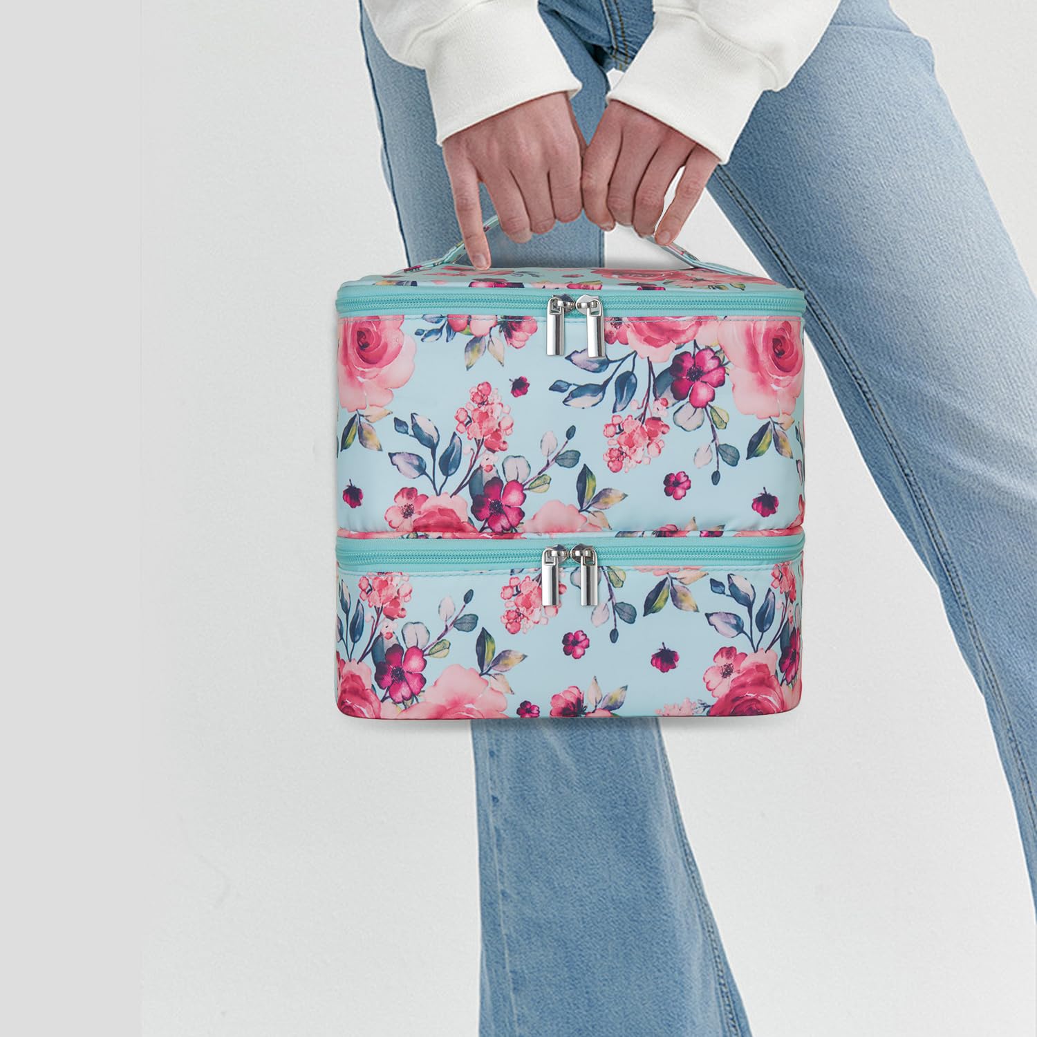 Buruis Double-Layer Nail Polish Organizer Bag, Holds 27 Bottles (15ML/0.5 FL.OZ or Larger), Nail Tools & Dryer Storage Case with Adjustable Dividers (Aqua Floral)