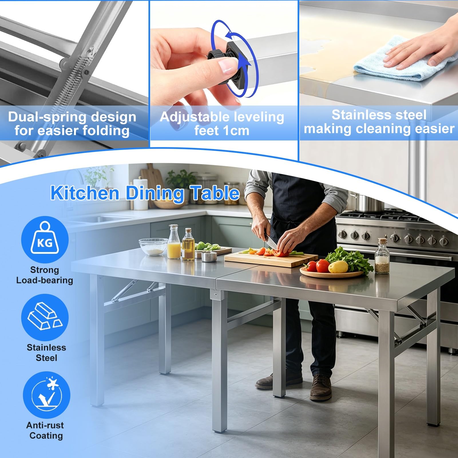 Tavolo da lavoro pieghevole in acciaio inossidabile, banco da lavoro rettangolare per sala da pranzo e cucina, base aperta, certificato NSF, altezza regolabile 55/75 cm, tavolo multiuso argento