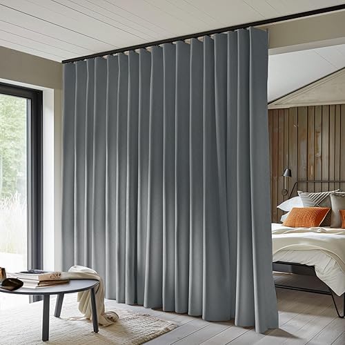 Room Divider Curtains Total Blackout Privacy Curtain Panel Room Thermal Insulated Noise Reduction Curtain for Bedroom Window Living Room Ceiling Track Curtain W 15ft × H 8ft Dark-Grey.