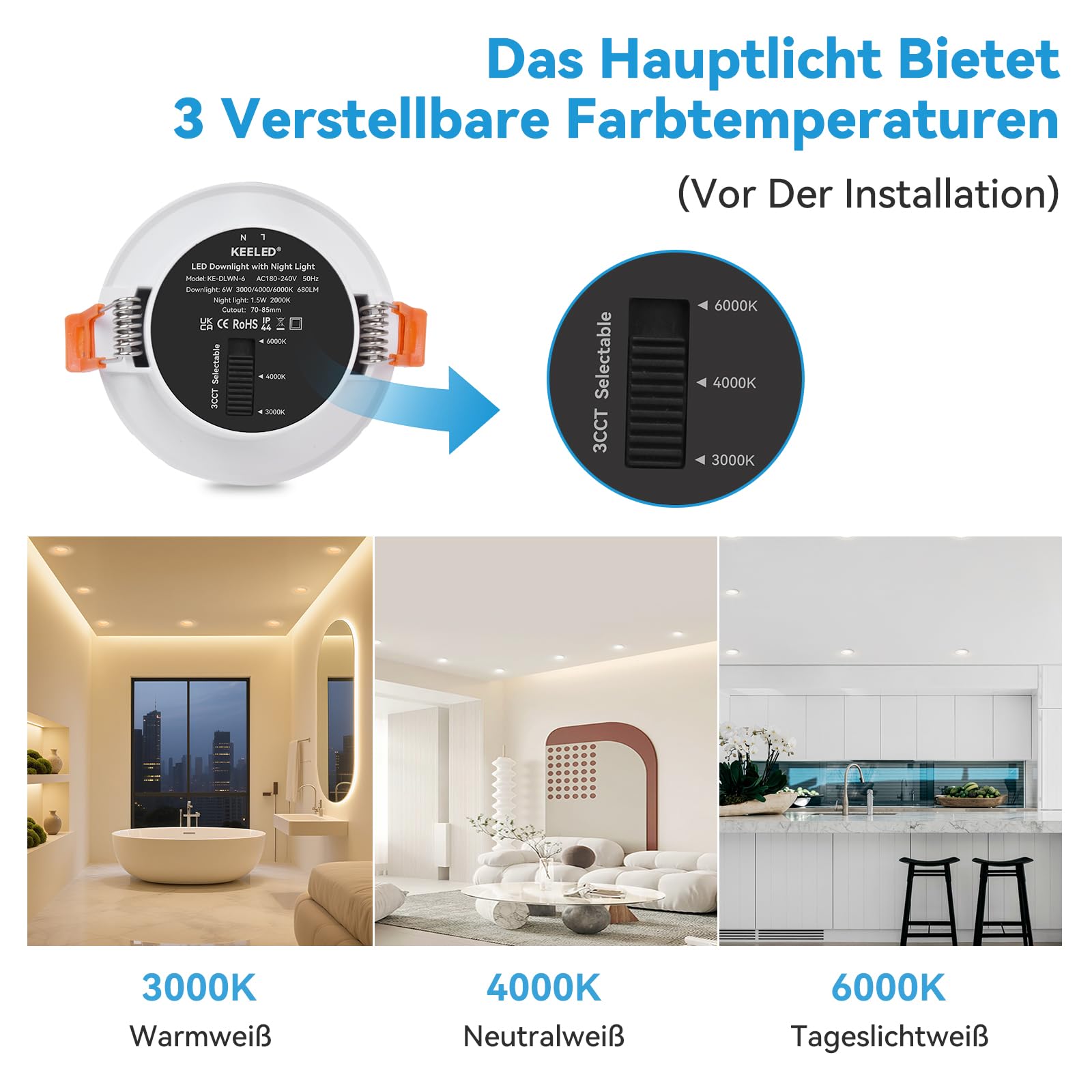 KEELED Einbaustrahler LED mit Nachtlicht, LED Spots 230v, 6W, 3000K/4000K/6000K Wählbar, Schnittloch 70-85mm, IP44, Gehäuse aus Aluminiumdruckguss, 8er Set