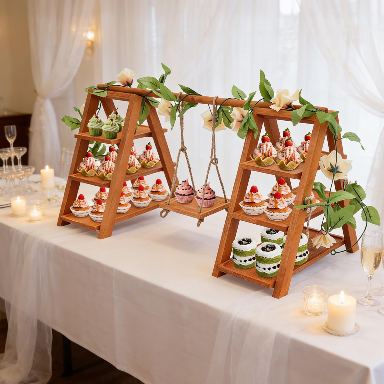 Soporte de madera para cupcakes de 3 niveles, para postres, tartas, aperitivos, con columpio y decoración de flores, escalera plegable para servir cumpleaños, fiestas de té, bodas y decoración
