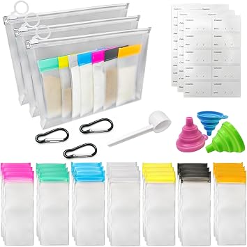 TINSKY Protein Powder Travel Container Set, Reusable Powder Supplement Container To Go 21Pcs Reusable Protein Powder Bags and 3pc Large Standable Zip Bags for Workout, Fitness, Travel