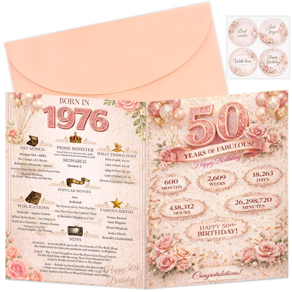HUNGBAN 50th Birthday Card for Girls Women,1976 Birthday Greeting Card with Envelope,Vintage Back in 1976 UK Funny Gift for Daughter,Wife,GirlFriend,Anniversary,Party Decoration Gift(1976-50)