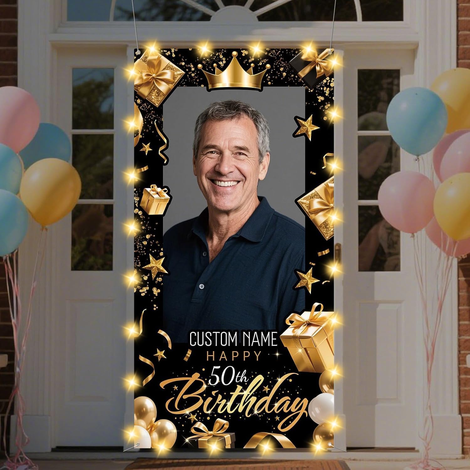 Dicodes Personalized Happy Birthday Door Banner Custom Photo Birthday Photography Background Decorations Party Supplies for Women Men (Black and Gold)