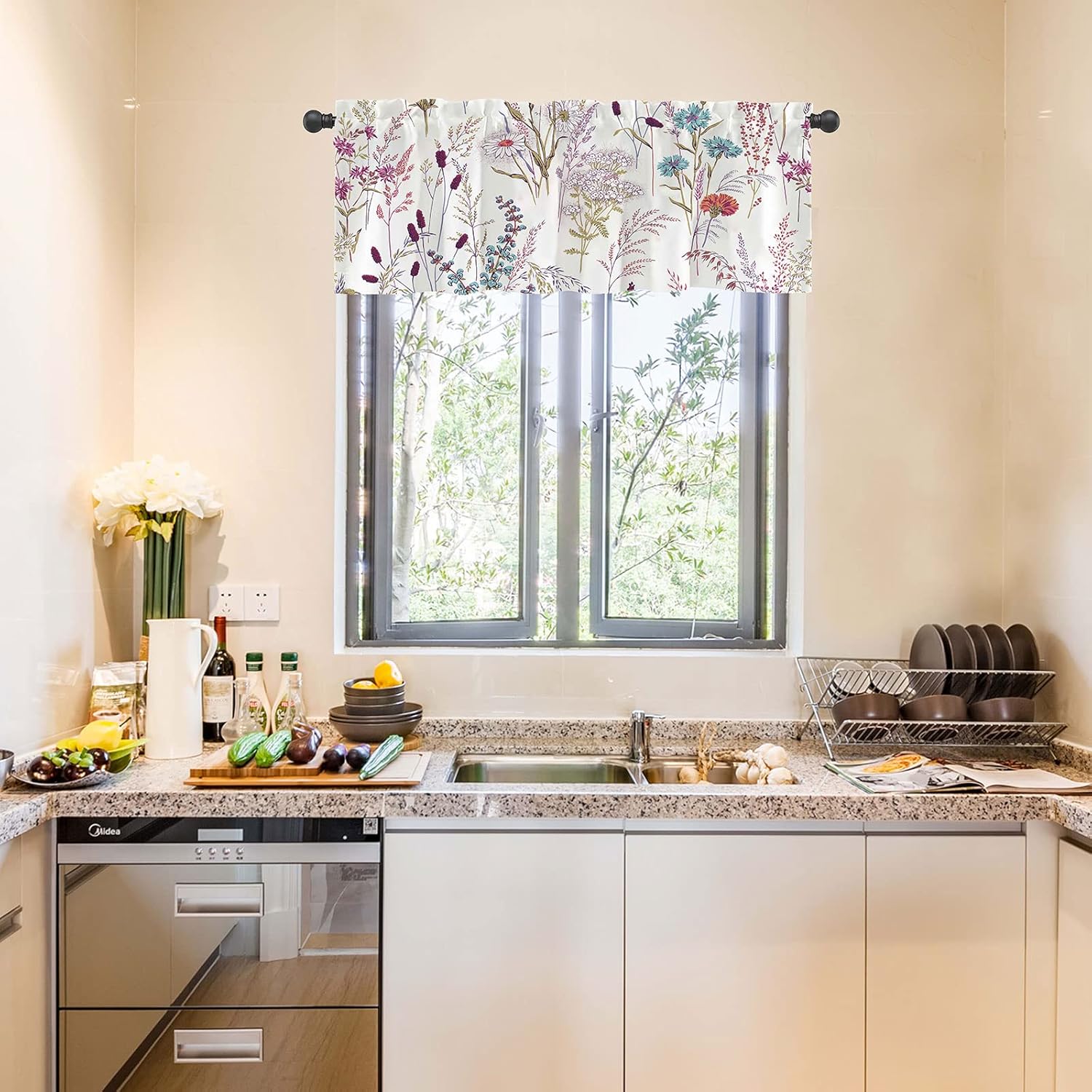 Kitchen Curtains Valances, Rod Pocket Valances for Windows, Small Window Treatment Valances for Window, Living Room, Bedroom, Bathroom, 1 Panel, 54" W x 18" L, Purple Flowers