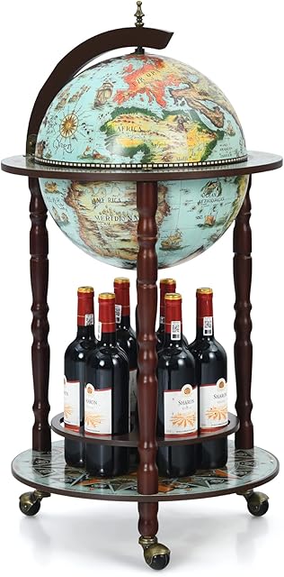 COSTWAY 330MM/360MM/400MM Globe Drink Cabinet Bar Wine Italian Beverage Bottle Stand, Wooden Mini Bar Cart (Blue, 360MM)