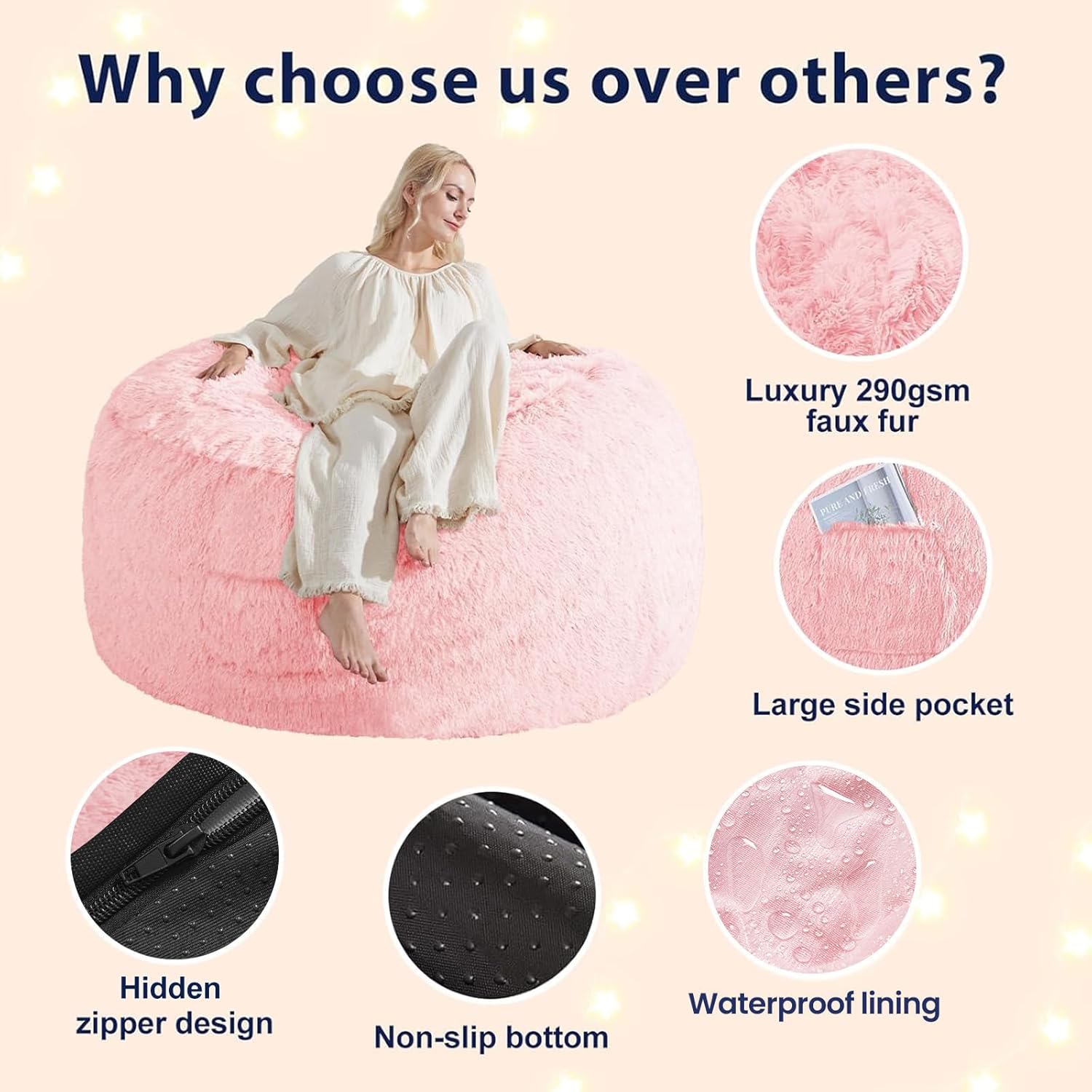 Fluffy Bean Bag for Stuffed Animals Storage, Faux Fur Washable Bean Bag Chair Cover(No Filler) for Textile Plush Toys, Beanbag Chair Cover for Adults Kids Teens, 6FT, Pink