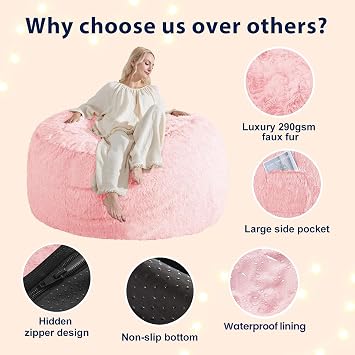 Fluffy Bean Bag for Stuffed Animals Storage, Faux Fur Washable Bean Bag Chair Cover(No Filler) for Textile Plush Toys, Beanbag Chair Cover for Adults Kids Teens, 5FT, Pink