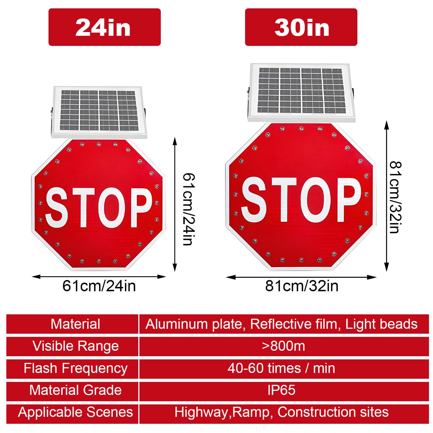 Señales de parada de tráfico LED con energía solar, señales de advertencia reflectantes de 24 pulgadas para construcción y seguridad en carretera, juego de 2 piezas, mejora la visibilidad y el control