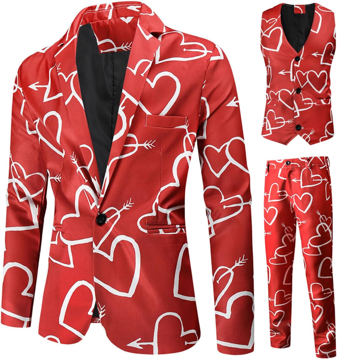 Heren Plus Size Valentijnsdag Pak Leuke Hartprint Lange Mouw Single Breasted Jas Blazer met Vest Broek 3 Stuk Vakantie Feest Formele Pakken, A-zwart Rood, XL