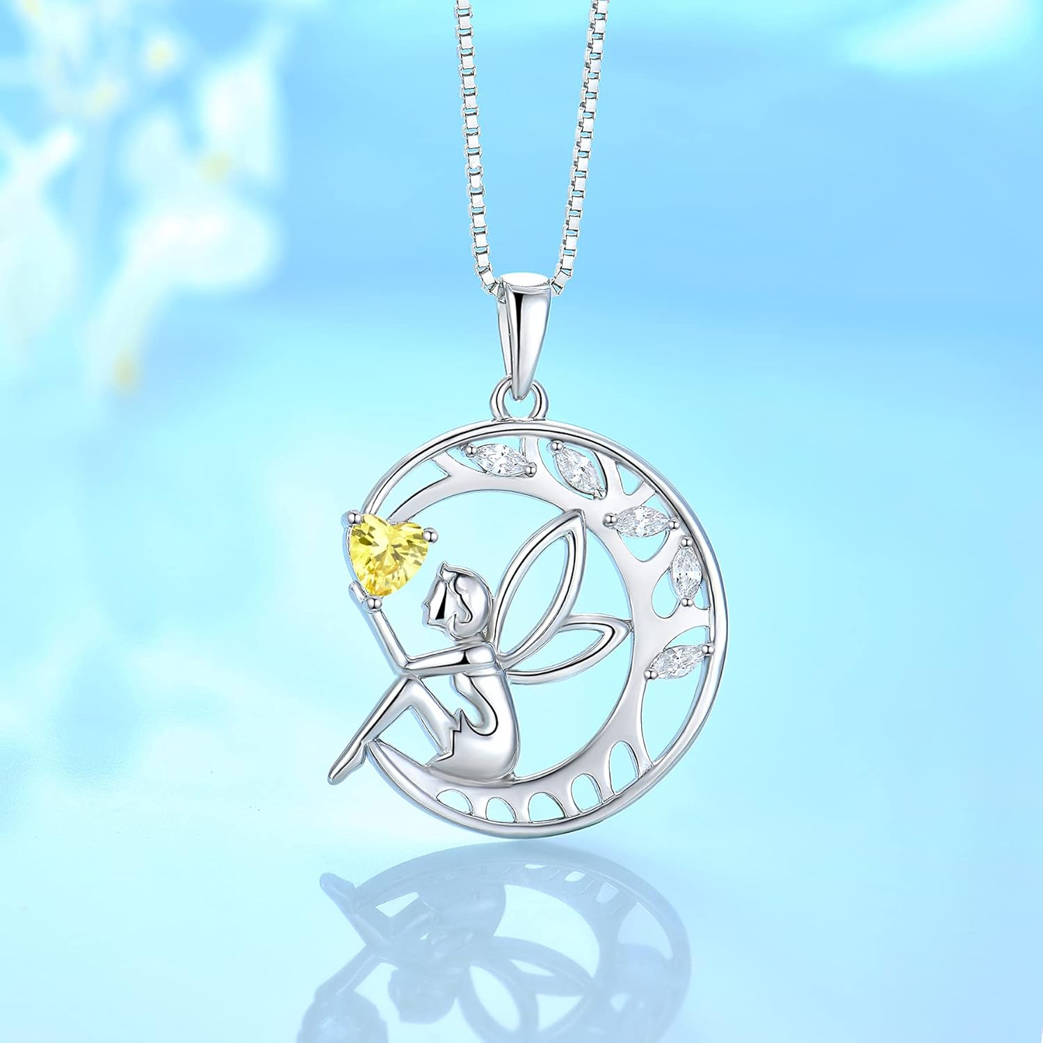 FJ Guardian Angel Necklace 925 Sterling Silver Tree of Life Pendant Fairy Moon Necklace Birthstone Jewelry for Women - Image 3