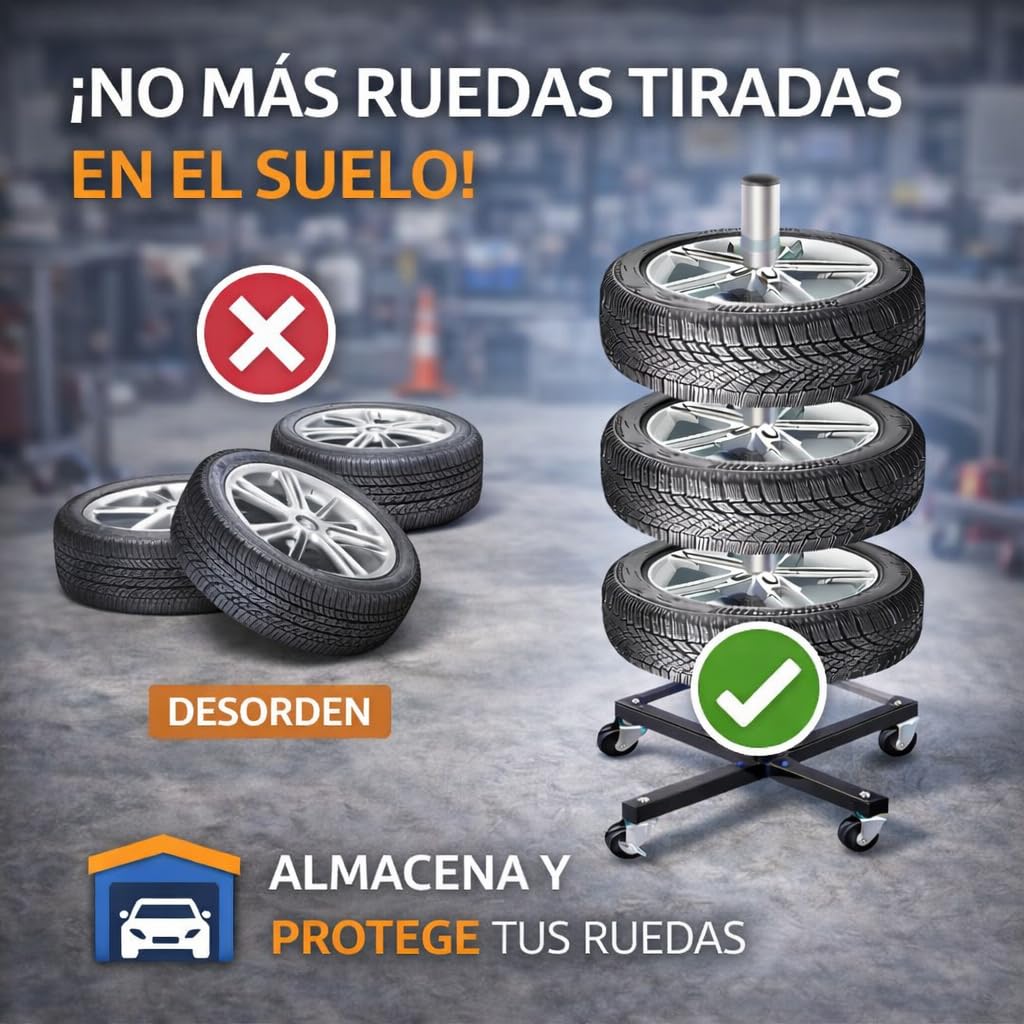 Soporte para 4 Ruedas con Ruedas y Freno, Rack portaneumáticos hasta 100 kg, Soporte Vertical para Llantas y neumáticos, Organizador de Ruedas para Garaje y Taller, Base metálica Estable