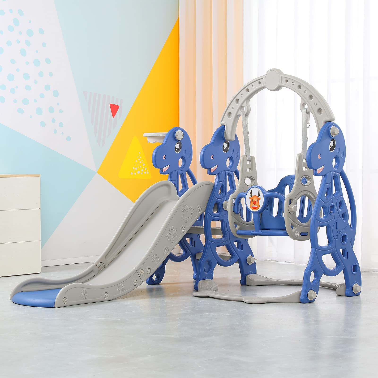 FIVMEN Scivolo per bambini, 4 in 1, set di scivoli per bambini, per interni ed esterni, con cestino da basket e sedia a dondolo, per massimo 50 kg a partire dai 1 ai 6 anni (tipo B, arco)