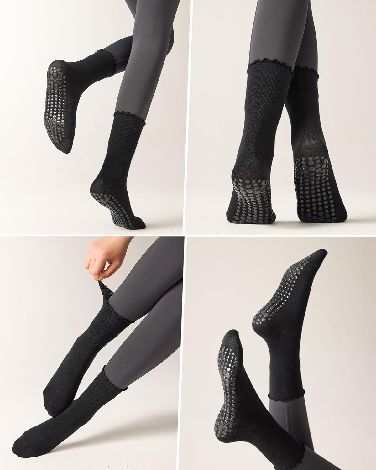 REACH STAR 4 Pairs Pilates Socks with Grips Non Slip Ruffle Yoga Grip Socks for Women - Image 6