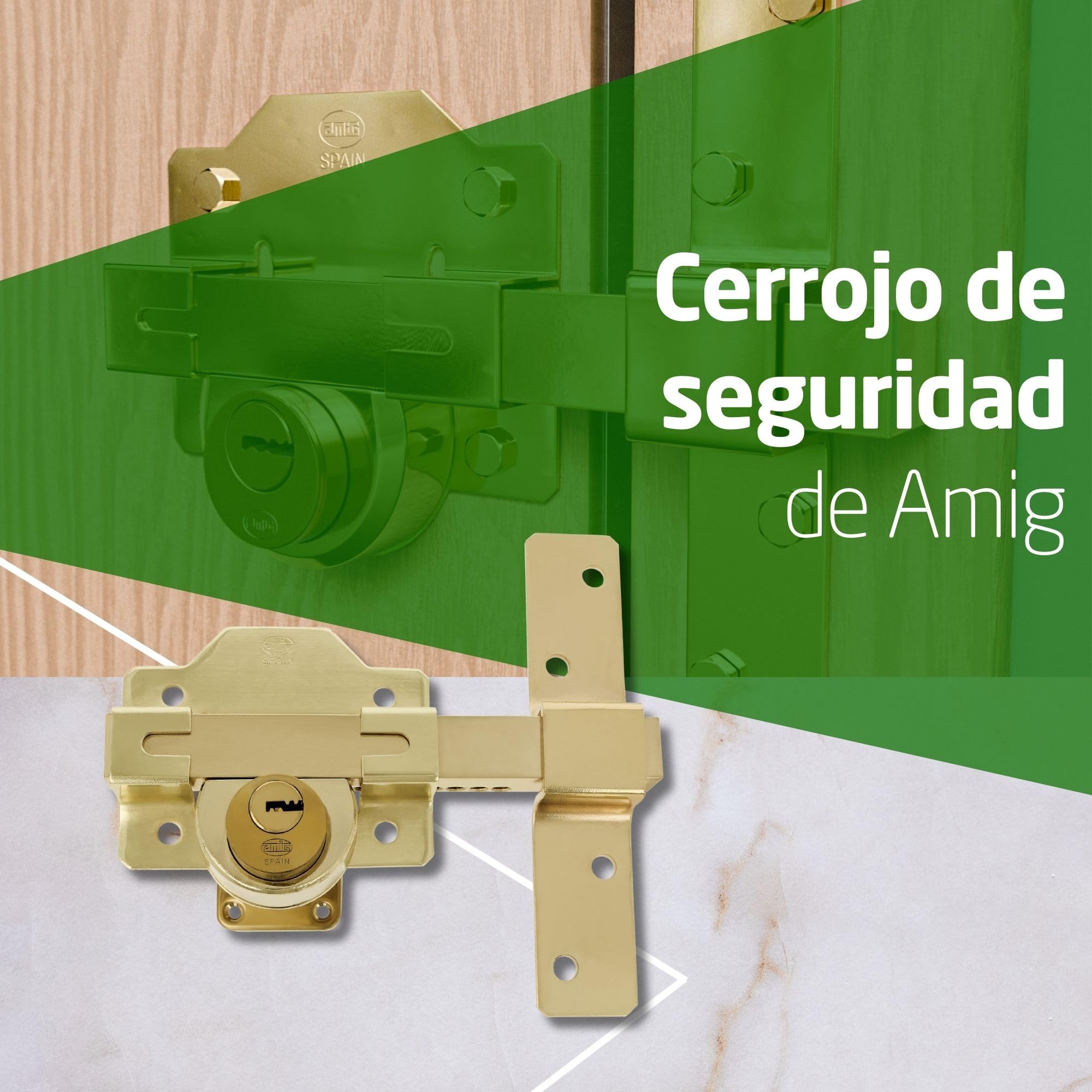Amig - Cerrojo de Sobreponer con Cilindro Redondo Interior y Exterior Mod. 4-105 x 170 mm - Cerradura de Seguridad con Llave - Incluye 5 Llaves de Punto - Acero Dorado