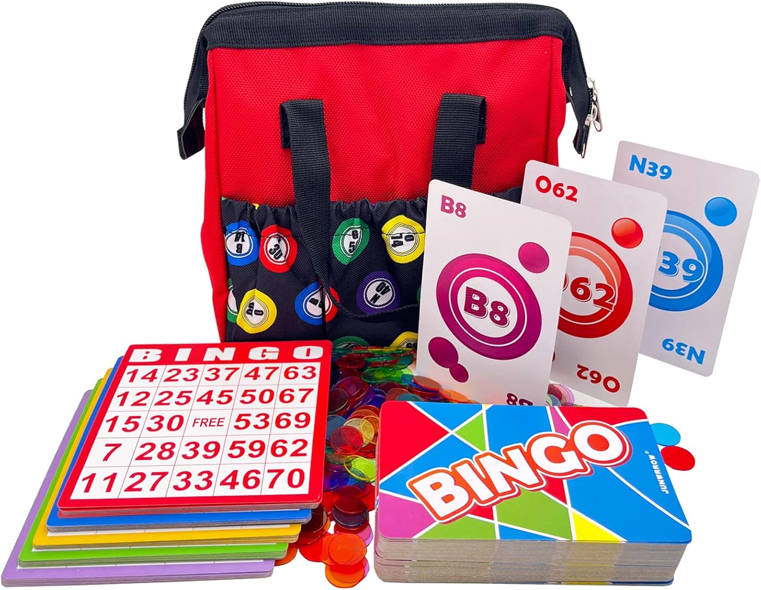 JUNWRROW Deluxe Bingo Game Set Includes Red Bingo Bag, Jumbo Calling Card Deck,50