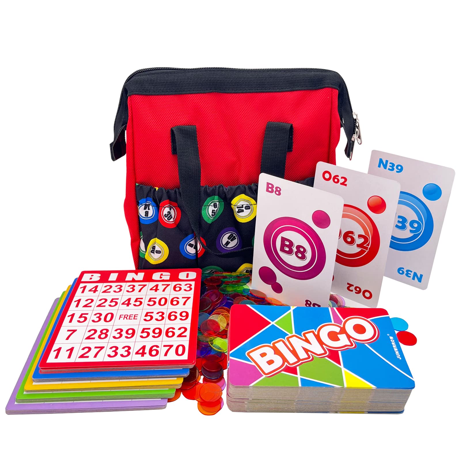 Deluxe Bingo Game Set - Includes Red Bingo Bag, Jumbo Calling Card Deck,50 Mixed Bingo Cards, 500 Colorful Chips with a Bag- Ideal for Large Groups, Parties